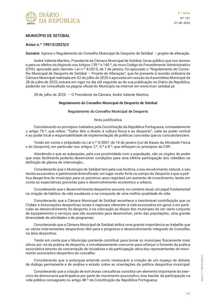 Regulamento do Conselho Municipal de Desporto de Setúbal (versão de 2025)