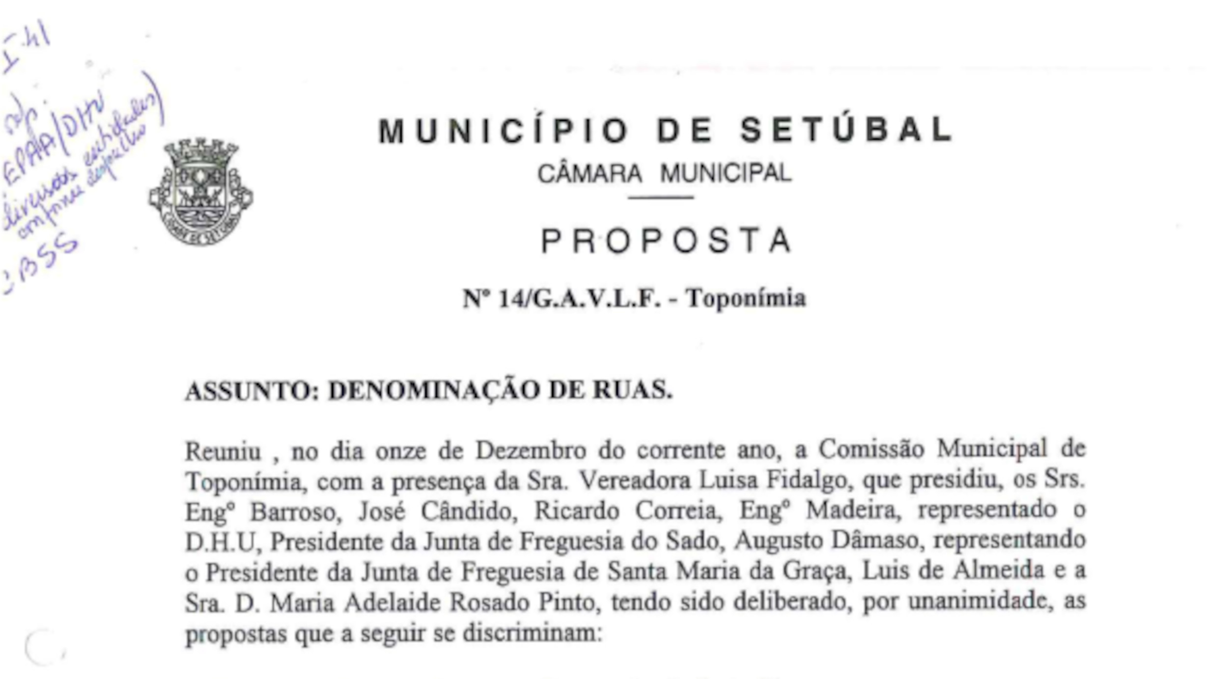 Imagem destaque do Documento do Mês | Proposta n.º 14/GAVLF de Denominação de Ruas, da reunião camarária realizada em 11 de dezembro de 1996
